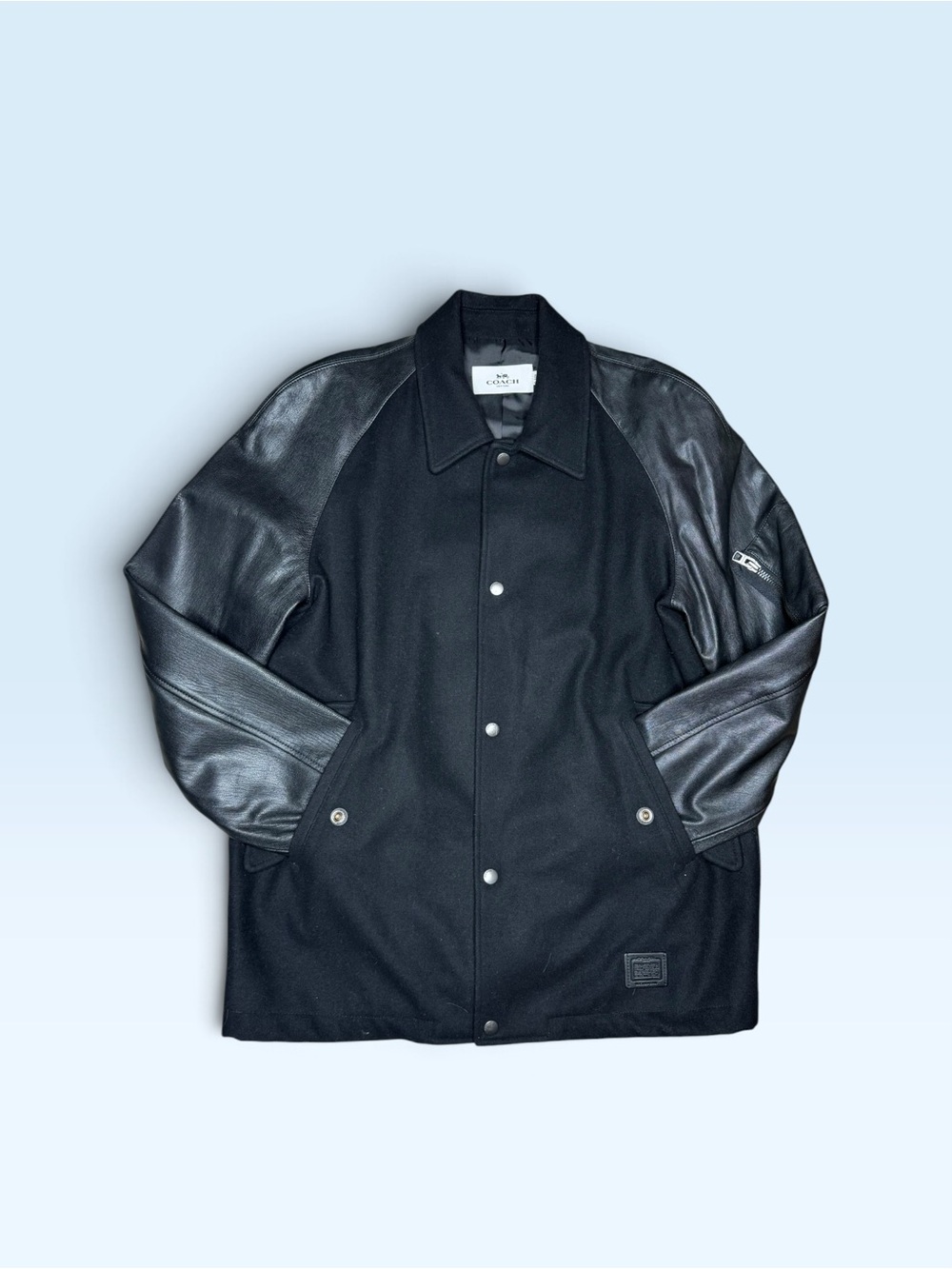 Coach Melton Wool & Goat Leather Varsity Bomber Jacket All Black Medium